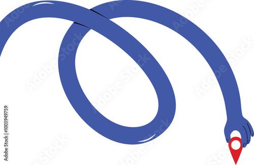 Long curvy hand holding geo pin, indicating direction and destination. Hand drawn vector illustration in flat design, isolated on white background