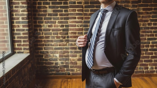 Closeup midsection of an overweight man standing, man in a suit, a Middle-aged man wearing a suit
 photo