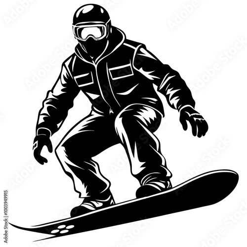 Snowboarding Silhouette: An adrenaline-fueled silhouette of a snowboarder in mid-air, capturing the thrill and freedom of winter sports. The black and white design evokes a sense of speed, power.