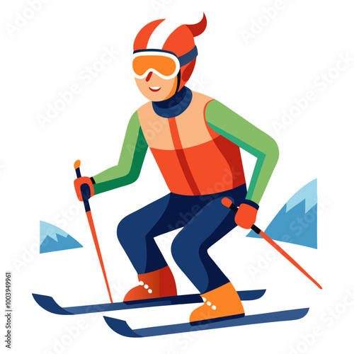 Skiing Downhill:  A flat illustration of a skier gliding down a snowy slope, with mountains in the background.  This image captures the thrill and exhilaration of winter sports.