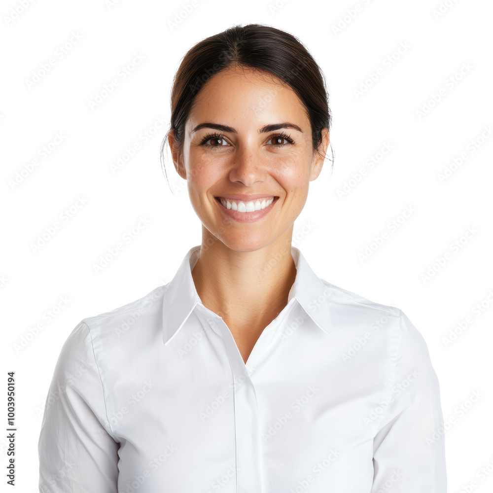 Smiling woman in a white shirt on a white isolated background. transparent background Smiling woman in a white shirt on a white isolated background. transparent background