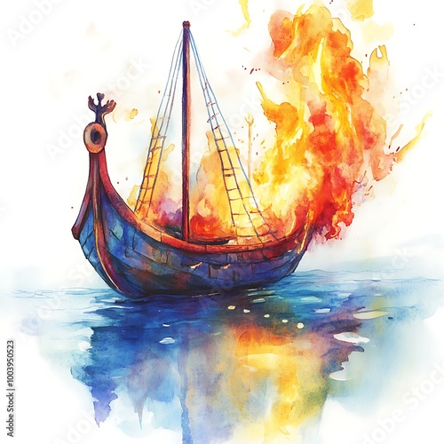 Watercolor Painting of a Viking Ship on Fire.