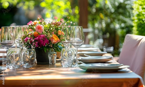 An elegant outdoor dining table beautifully arranged with flowers and glassware, set for a formal event in a garden ambiance, showcasing sophistication and nature's beauty. Video
