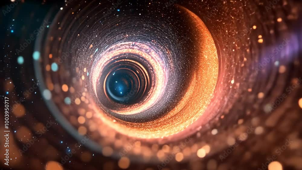 A close-up view of a spiraling tunnel of light with shimmering particles and a blue glow at its center, creating an ethereal and otherworldly effect