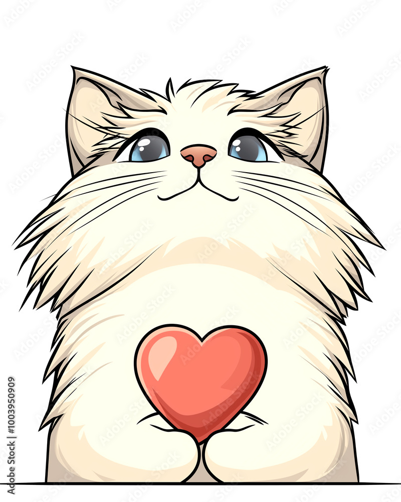 A white cat is holding a red heart in its mouth. The cat is looking up at the camera with a curious expression. Concept of warmth and affection, as the cat is holding a symbol of love
