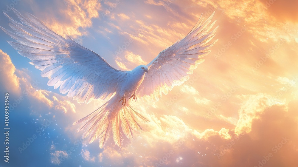 White dove soaring through vibrant sunset skies White dove soaring through vibrant sunset skies