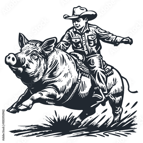 Cowboy boy riding a pig, vector illustration