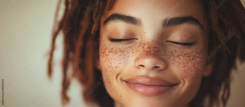 Close up portrait of a smiling woman with freckles, eyes closed. Close up portrait of a smiling woman with freckles, eyes closed.