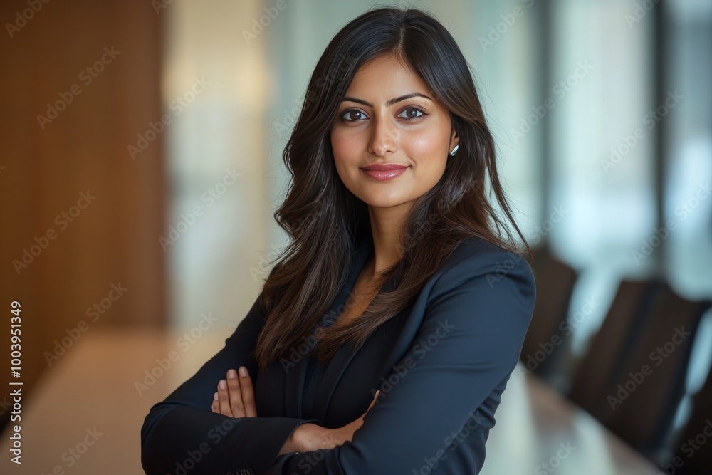 Confident businesswoman with arms crossed, smiling in a professional setting.