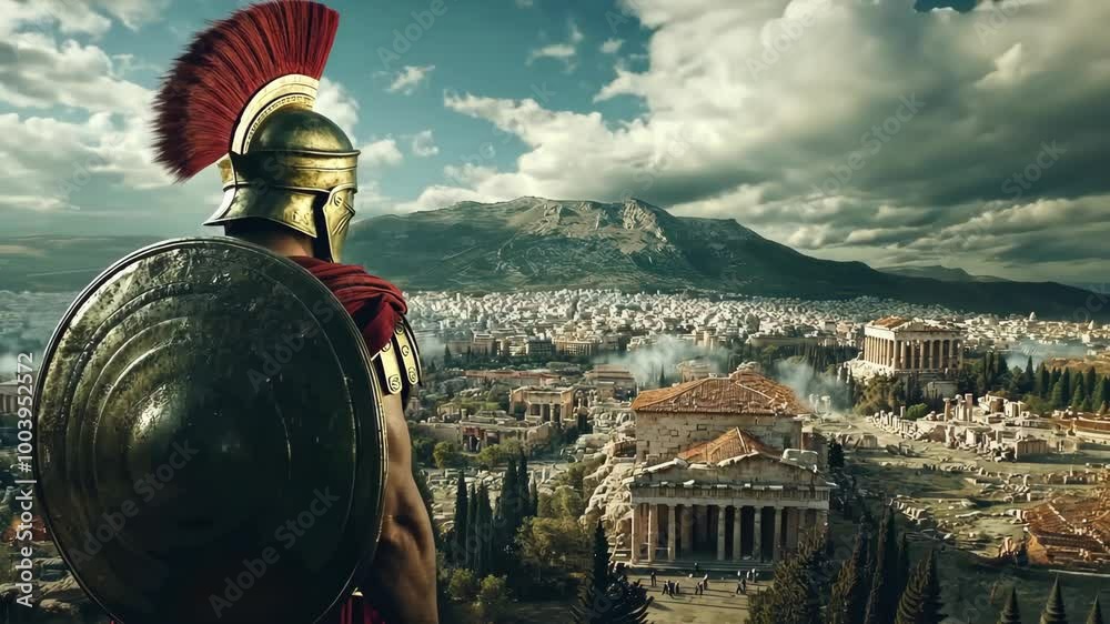 A Roman soldier stands guard, gazing over the ancient city of Athens
