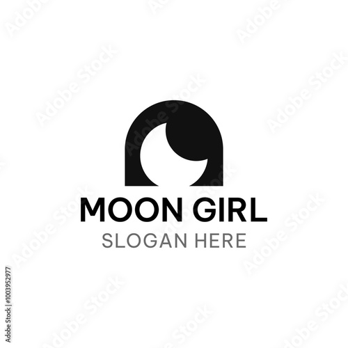 Moon girl logo template in simple flat style. Moon and hair girl vector illustration