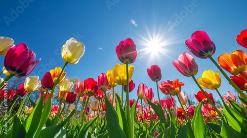 vibrant spring tulip field with colorful blooms under a bright blue sky in a natural outdoor landscape