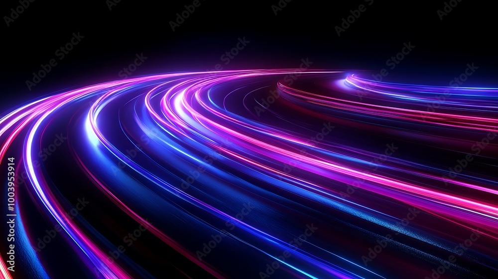  Neon road speed. Light abstract laser trace from the movement of cars. LED curves fast strips. Template for futuristic design. 