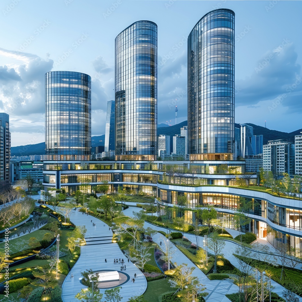 Fototapeta premium The three towers with podiums, commercial buildings, and green spaces around them, with high-rise office building design.