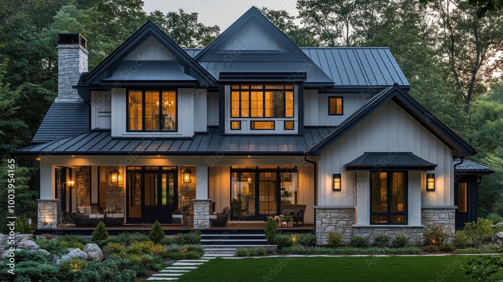 Modern house with elegant design and warm lighting at dusk. Modern house with elegant design and warm lighting at dusk.