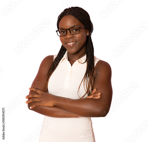 Bild auf Leinwand Smiling african woman standing with arms folded over transparent background