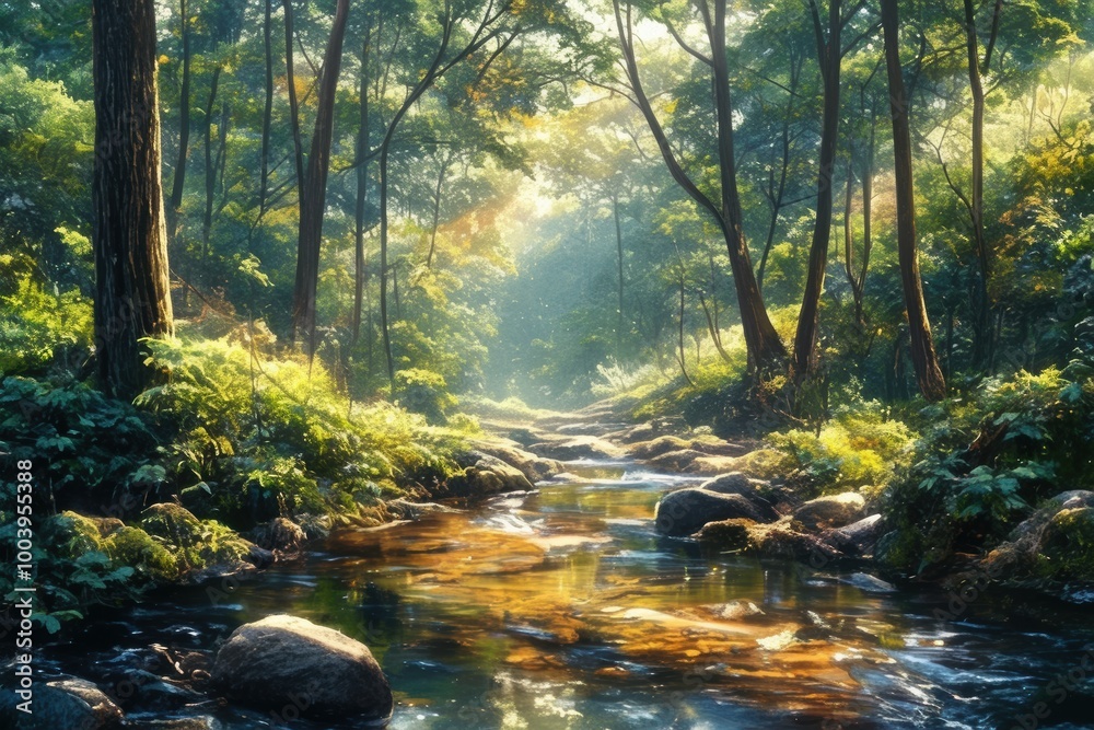 Serene Forest with Sunlight and Flowing Stream Serene Forest with Sunlight and Flowing Stream