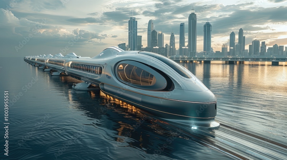 A city floating on the ocean and connected by a high speed train. A city floating on the ocean and connected by a high speed train.