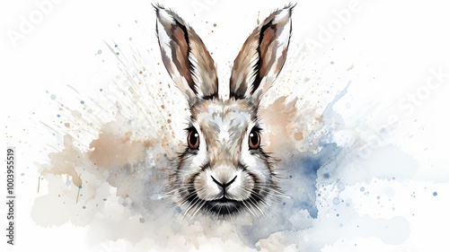 A big-eared hare in splashes of watercolor paints with an expressive look