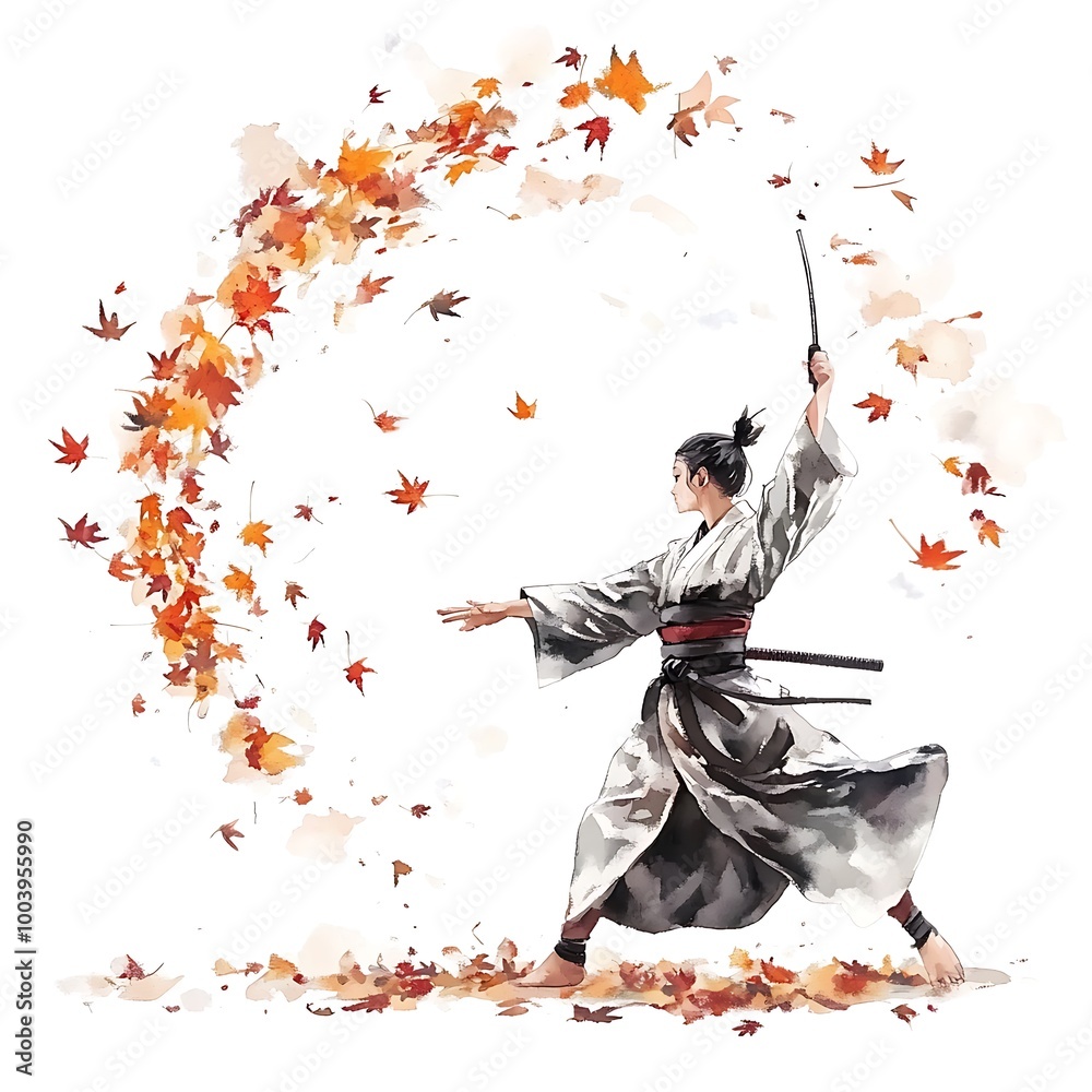 Naklejka premium Samurai Warrior with Falling Autumn Leaves in Watercolor Style.