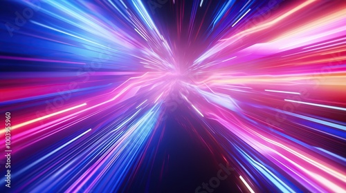 Abstract digital light speed warp motion blur background in blue, purple, and red colors