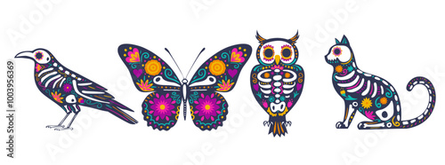 Kit of skeleton decorated with flowers and decorative elements. Festive animal for the Mexican Day of the Dead,  Dia de los Muertos.