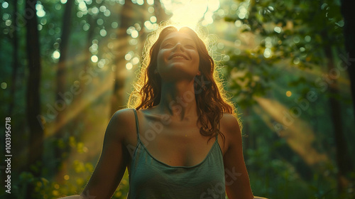 A free woman breathes deeply in the forest, arms open in happiness. Surrounded by fresh, clean air and nature, she embraces a healthy lifestyle.