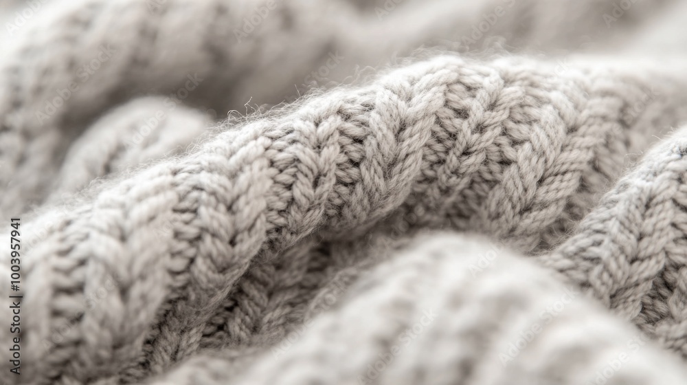 cozy knitted wool fabric in light grey, showing intricate patterns of the knit