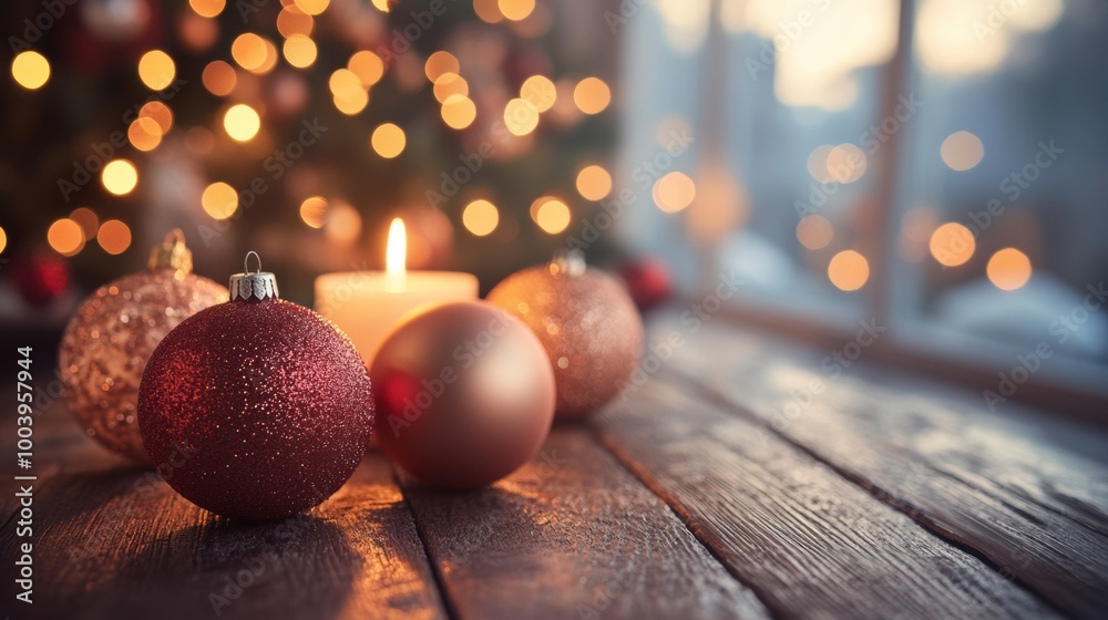 Fototapeta premium Warm glow of holiday ornaments and candlelight near a sparkling Christmas tree during a festive evening