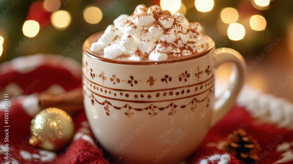Warm cup of hot chocolate topped with whipped cream and chocolate shavings, surrounded by festive decorations in a cozy setting Warm cup of hot chocolate topped with whipped cream and chocolate shavings, surrounded by festive decorations in a cozy setting