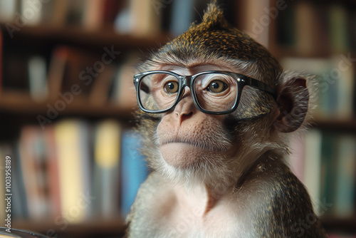 macaque sitting in the library with a book and glasses