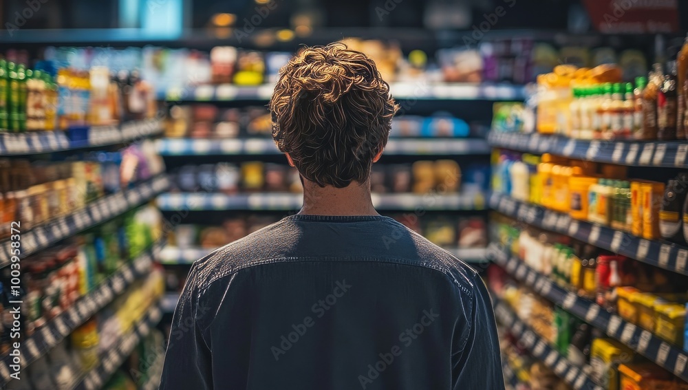 A person stands in the aisle of a supermarket, looking at the shelves of goods. A person stands in the aisle of a supermarket, looking at the shelves of goods.