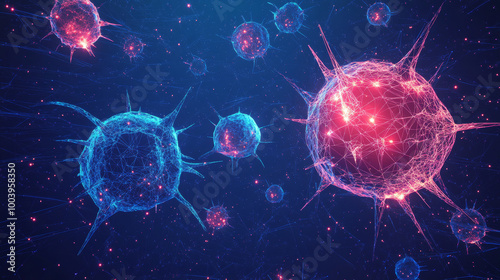 Cancer cells represented in a low poly wireframe for oncology, featuring a vector polygonal image in the form of a starry sky or space. Composed of points, lines, and shapes resembling stars with dest