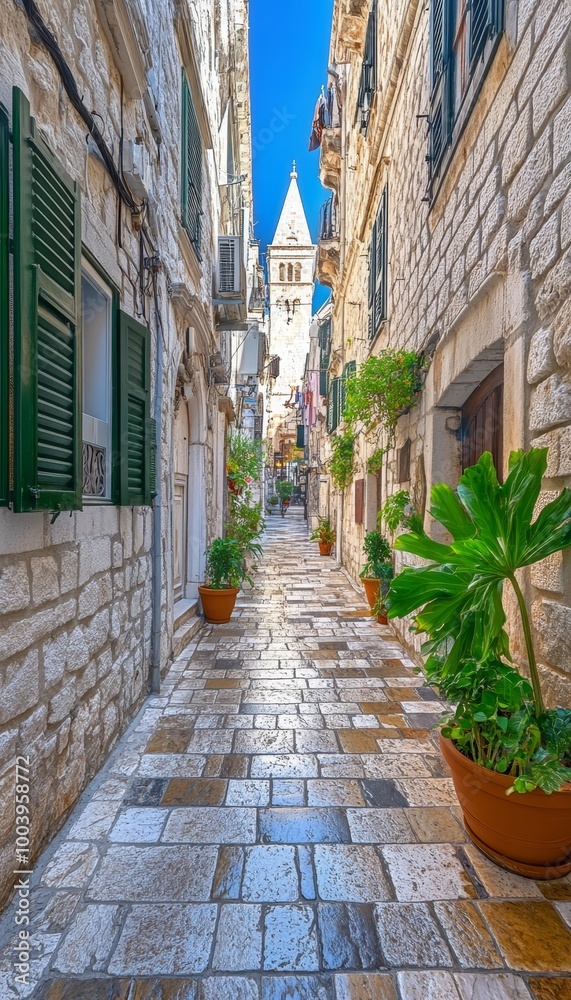 Obraz premium Medieval Charm Narrow Stone Street in European Town With plants in pot,. Architectural Photography.