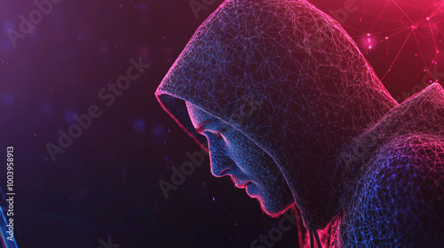 Abstract digital hacker concept with a man in a hoodie, hidden face in front of a computer. Cybersecurity theme including cyber attacks, data hacks, and fraudulent activities, represented as a 3D vect