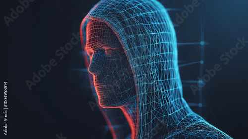 Abstract digital hacker concept with a man in a hoodie, hidden face in front of a computer. Cybersecurity theme including cyber attacks, data hacks, and fraudulent activities, represented as a 3D vect