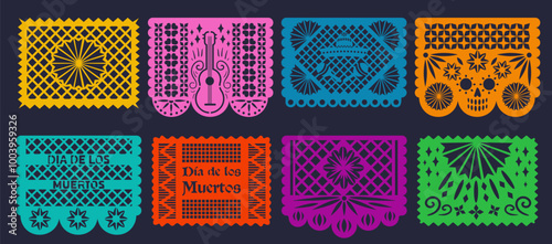Set of Mexican Decorative Papel Picado Garland with Ornament, Sombrero Hat and Maracas. Paper Cutting Flags, Day of the Dead Pattern Garland
