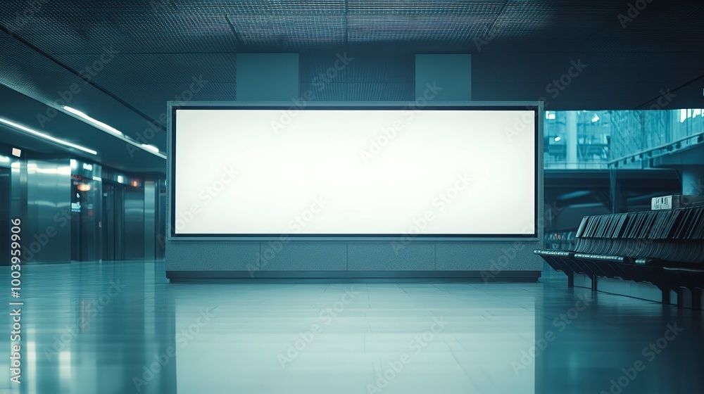 Shot in lowkey of a very large rectangular blank billboard mockup facing a baggage claim in an airport terminal a big white blank advertisement template indoors in front of a baggage Shot in lowkey of a very large rectangular blank billboard mockup facing a baggage claim in an airport terminal a big white blank advertisement template indoors in front of a baggage