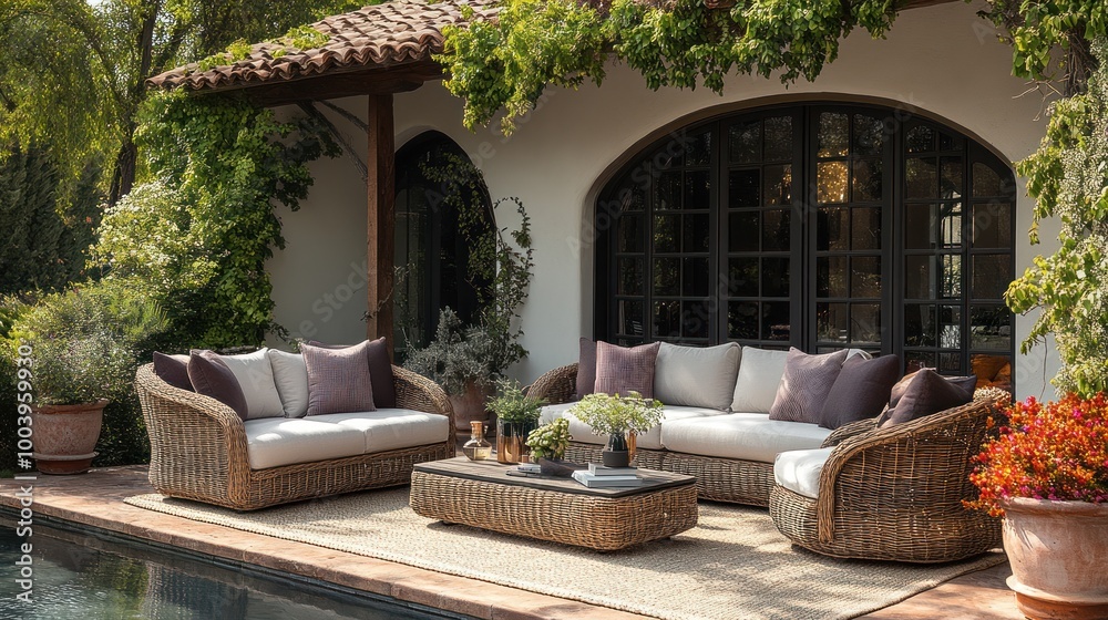 Cozy outdoor seating area with a poolside view and greenery. Cozy outdoor seating area with a poolside view and greenery.