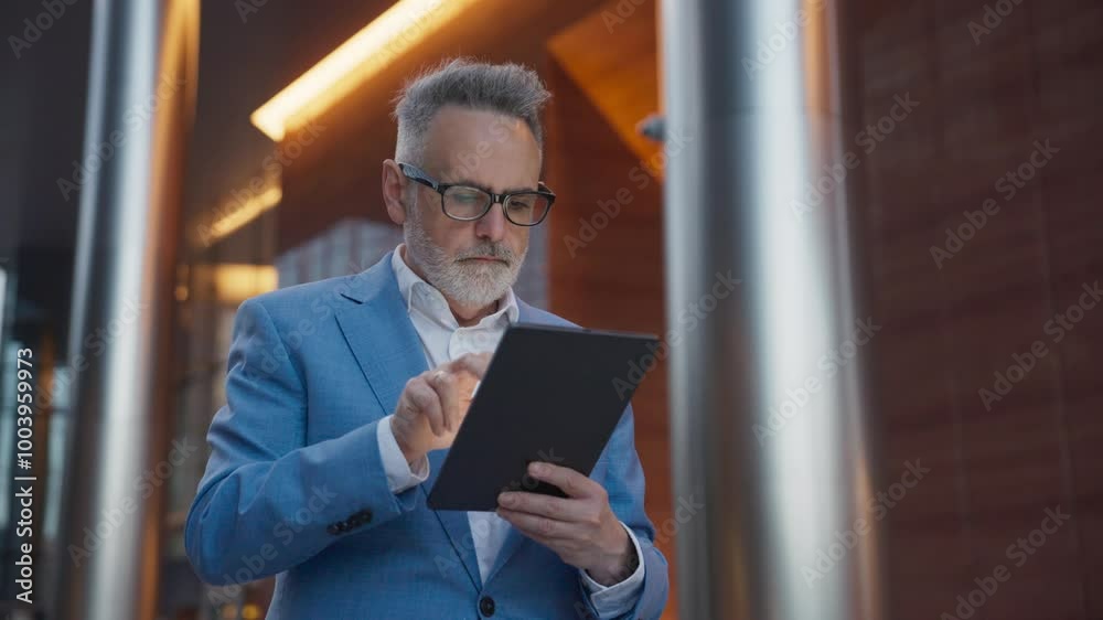 Focused Caucasian male standing still under tall business center. Using tablet device with both hands. Typing on screen with one finger. Searching for location or information online. Wearing glasses.
