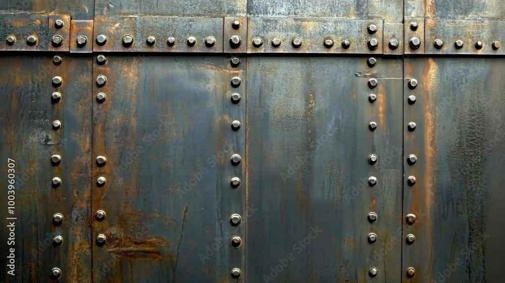 A close-up of a weathered metal surface with rivets, showing the effects of time and use