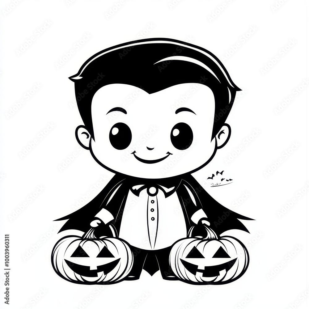 Cute smiling vampire holding Halloween pumpkins in a fun coloring page for kids Cute smiling vampire holding Halloween pumpkins in a fun coloring page for kids