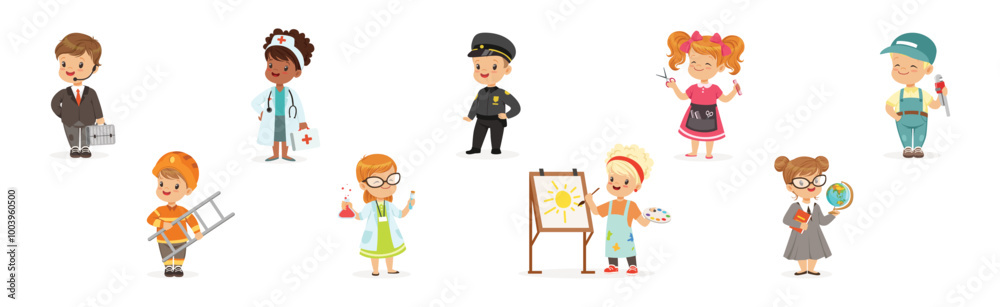 Funny Kid Character Wear Professional Uniform Vector Set Funny Kid Character Wear Professional Uniform Vector Set