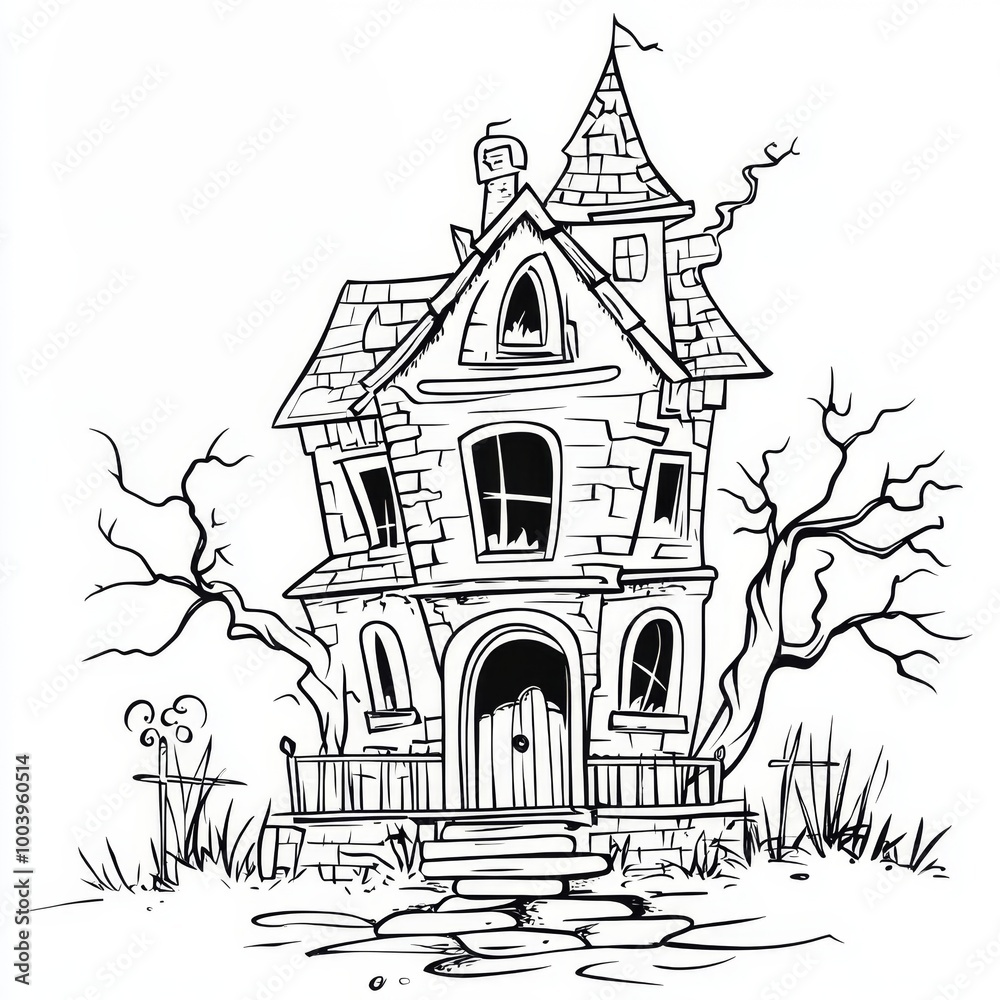 Fototapeta premium Fun Halloween coloring page featuring a cartoon haunted house for kids