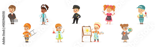 Funny Kid Character Wear Professional Uniform Vector Set