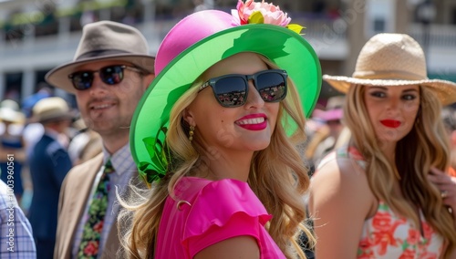 Easter fashion elegant and stylish ladies at the horse race, A group of women in colorful spring fashion at the Kentucky Derby, a horse racing event in Louisville