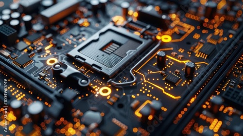 Close-up of an illuminated computer motherboard showcasing intricate circuits and microchip details, perfect for tech-related content.