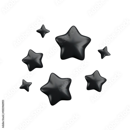 Vector 3d black sparkling star composition on white background. Cute realistic cartoon 3d starry concept, dark glossy stars render illustration for magic decoration, web, game, app, design, Halloween.