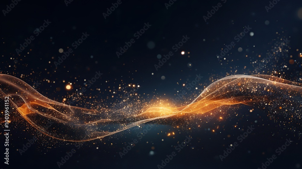 Obraz premium Abstract orange and gold energy waves with particles on dark background. Concept for technology, future, science, and power