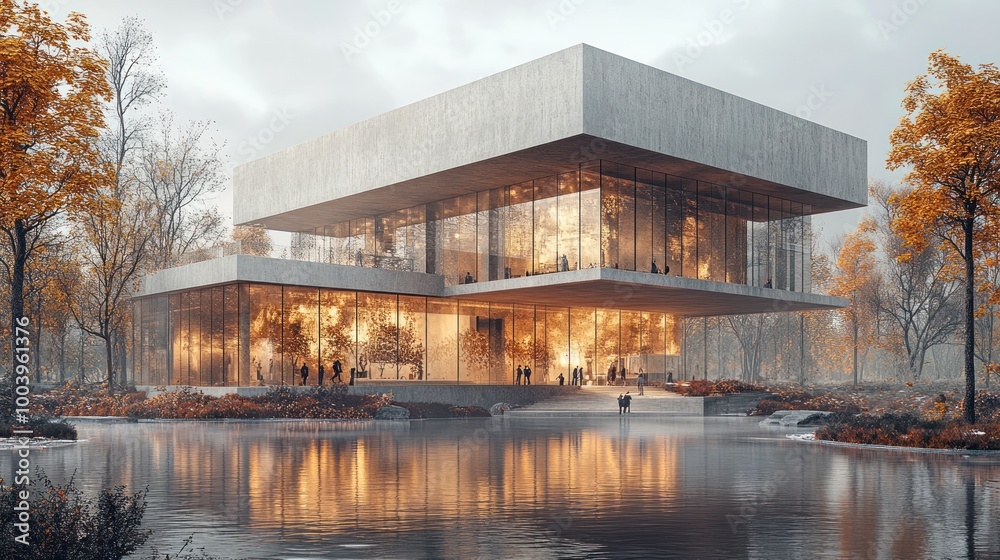 Modern architectural structure surrounded by autumn foliage and water. Modern architectural structure surrounded by autumn foliage and water.